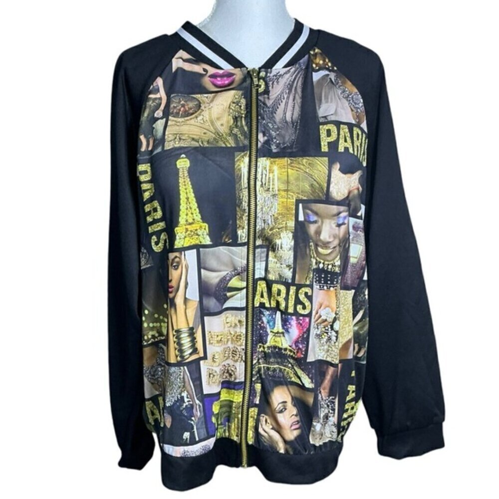 Blush Paris Bomber Jacket Magazine Varsity Zip Up Gold Black Women Large-XLarge - Picture 5 of 15